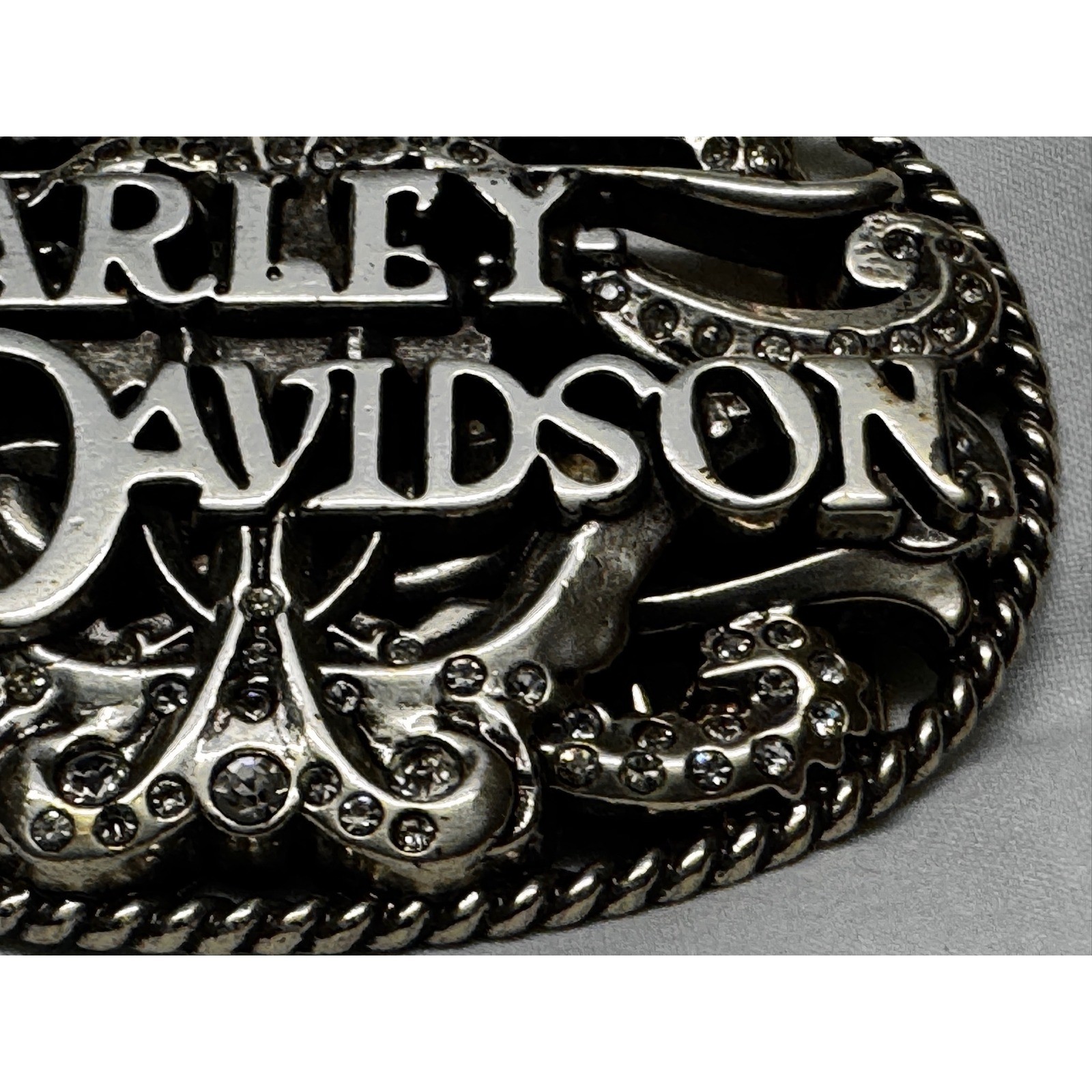 Harley Davidson Belt Buckle Silver Tone Filigree Rhinestone Biker Oval Scroll