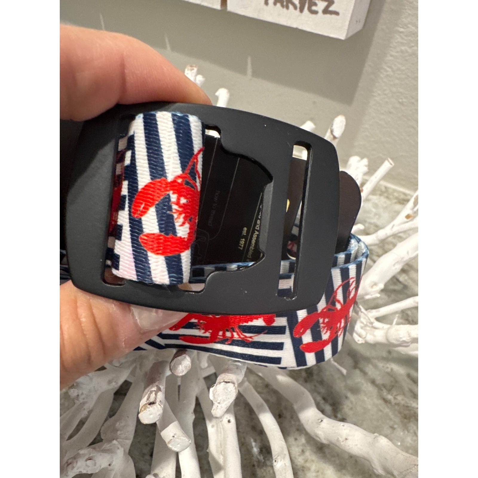 Croakies webbed bottle opener belt red lobster nautical striped pattern NWT