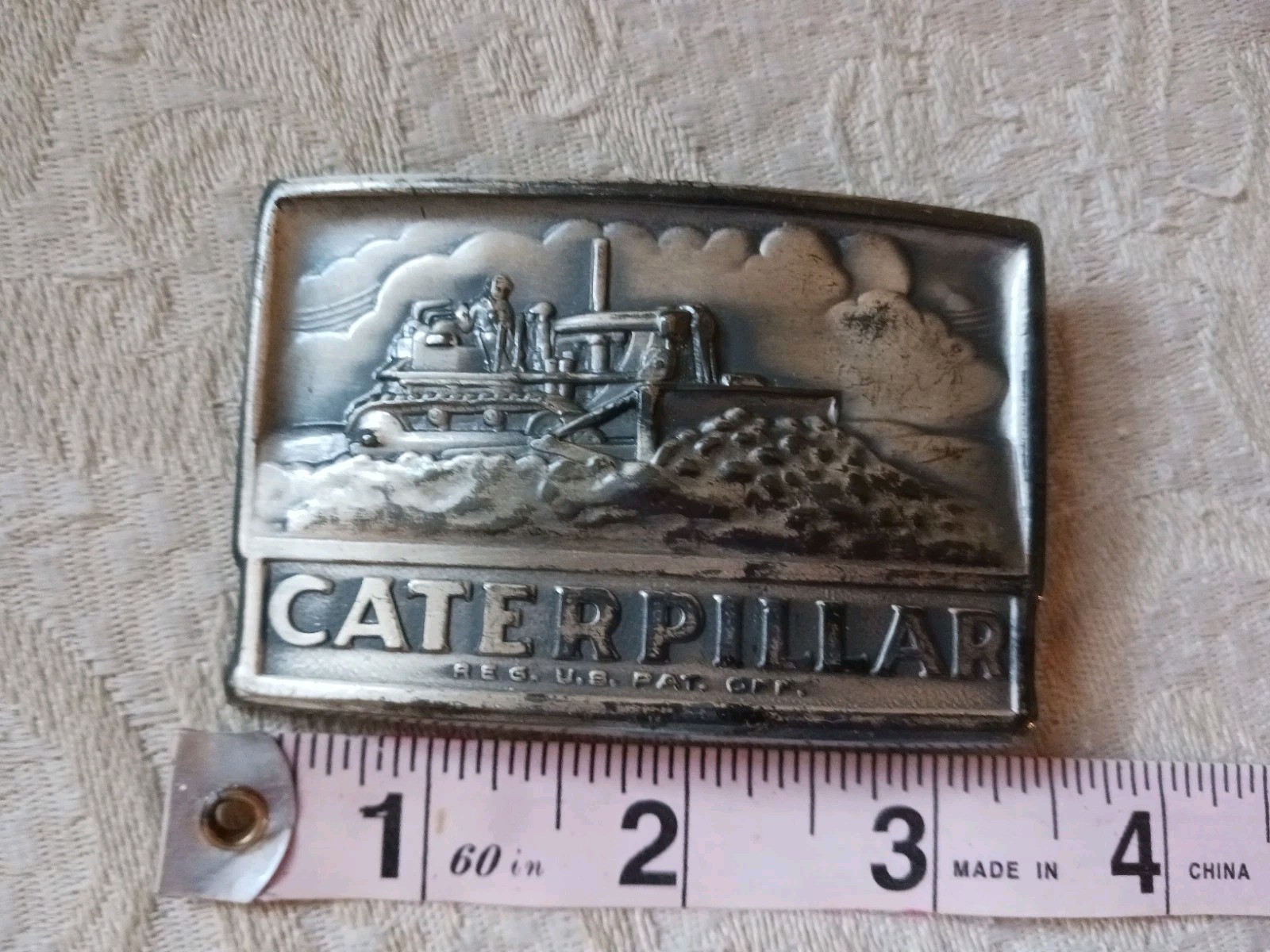 Neat Vintage Metal Caterpillar Tractors Belt Buckle w Farmer in Field 2×3&Prime; USA