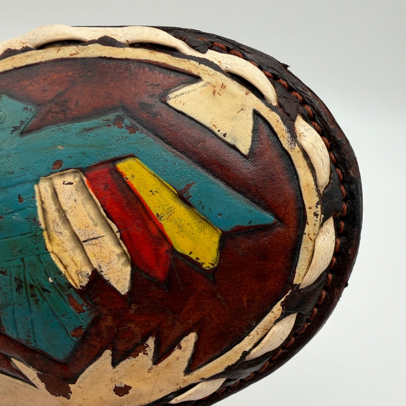 VTG Justin Leather Belt Buckle Hand Tooled Thunderbird Painted Oval 61-P