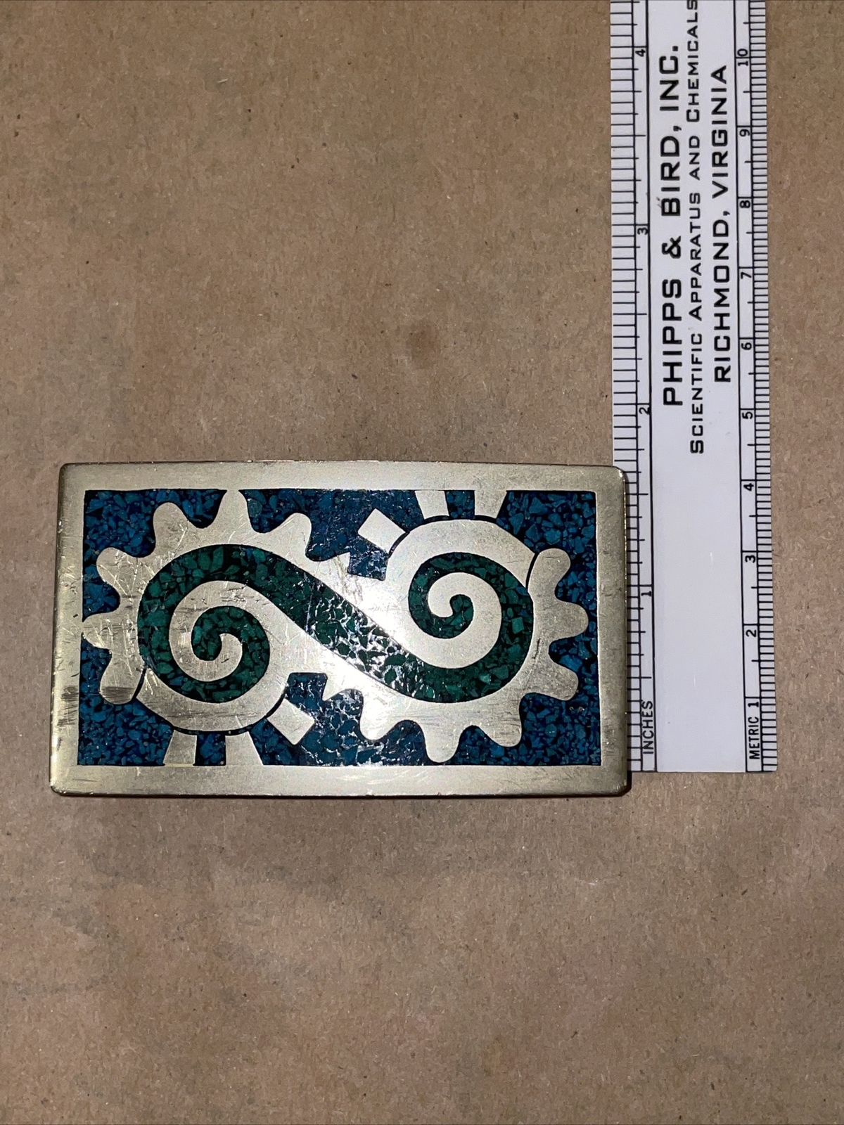 made in MEXICO vintage BELT BUCKLE turquoise SILVER gold 3×1.75” aztec inca