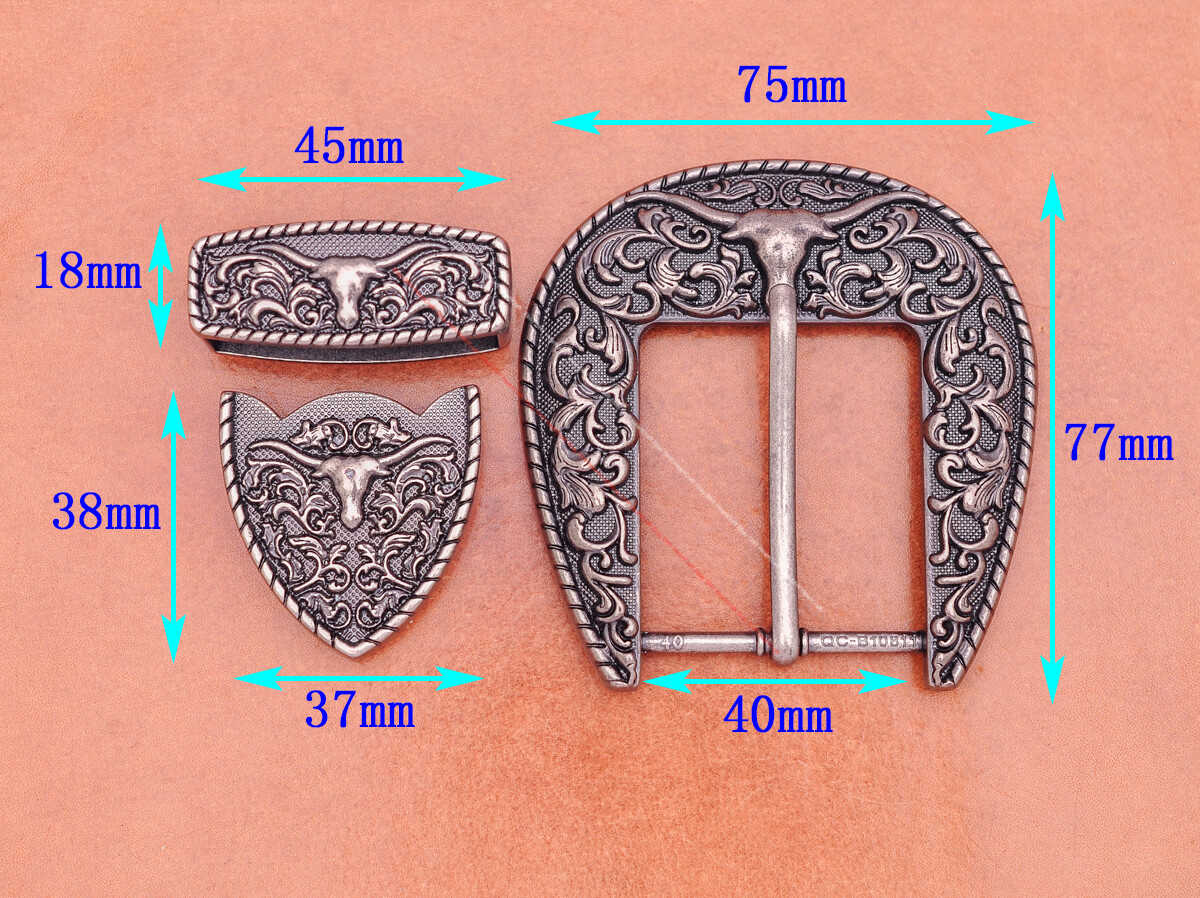 Heavy Duty Western Cowboy Rodeo Longhorn Bull Leathercraft Belt Buckle 3 Pcs Set