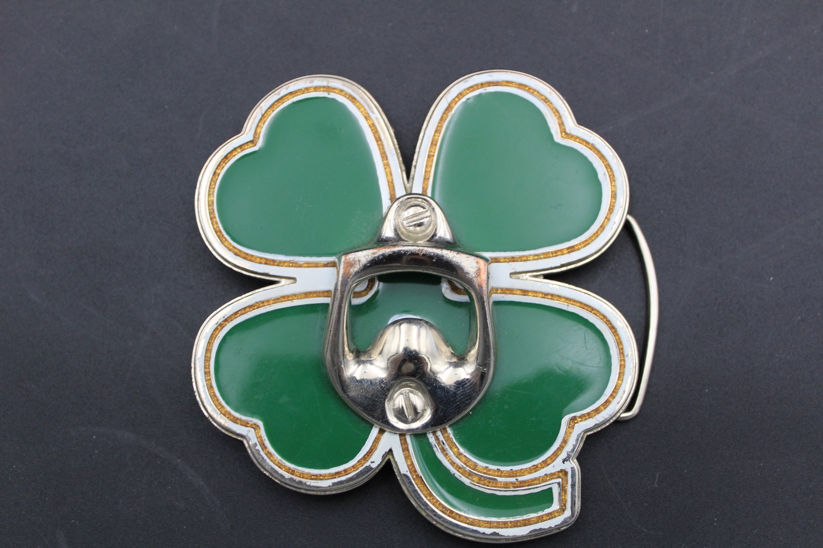 Lucky Four Leaf Clover Shamrock Green Silver Novelty Bottle Opener & Belt Buckle