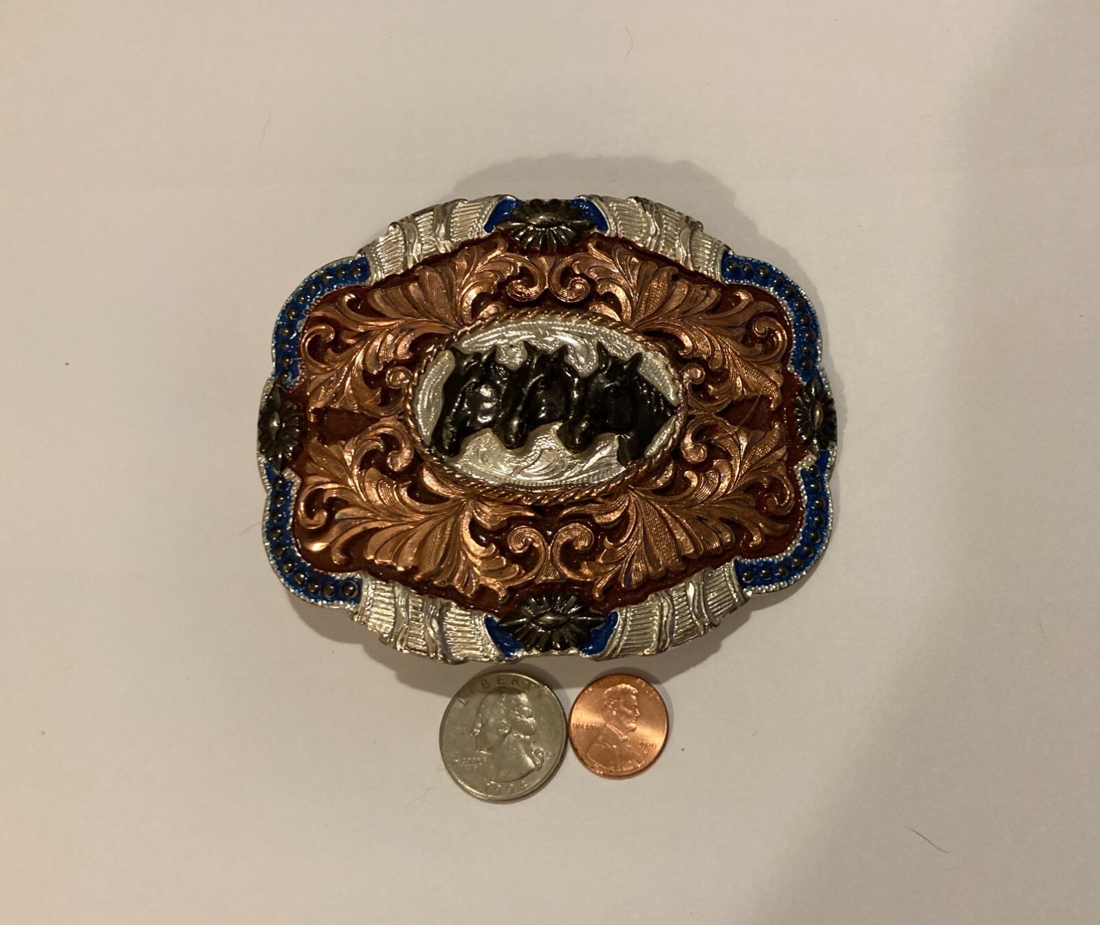 Vintage Metal Belt Buckle, Cowboy, 3 Horse Heads, Horse, Mexico, Texas, Big Size