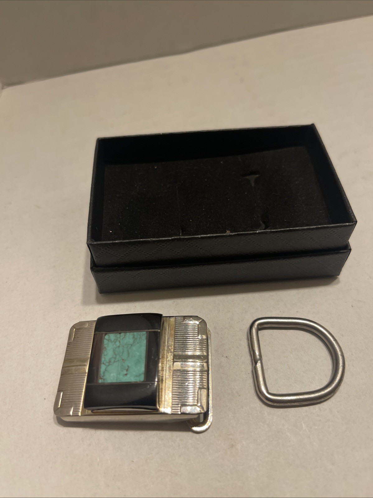 Vtg Turquoise Stone Rectangle Solid Brass Metal Belt Buckle