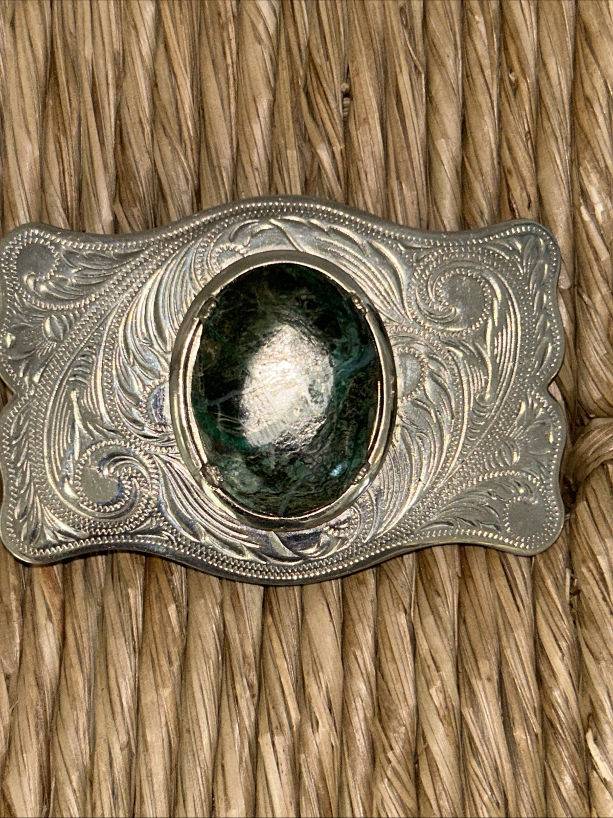 ESTATE SILVER TONE BELT BUCKLE GREEN AGATE SOUTHWESTERN STYLE MEN WOMEN UNISEX