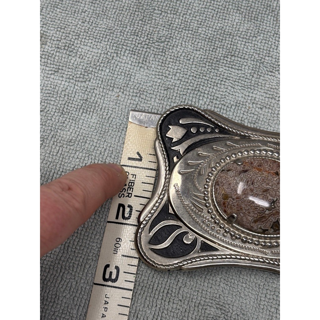 Vintage Western Silver Tone Lace Agate Stone Belt Buckle Scroll Floral Design