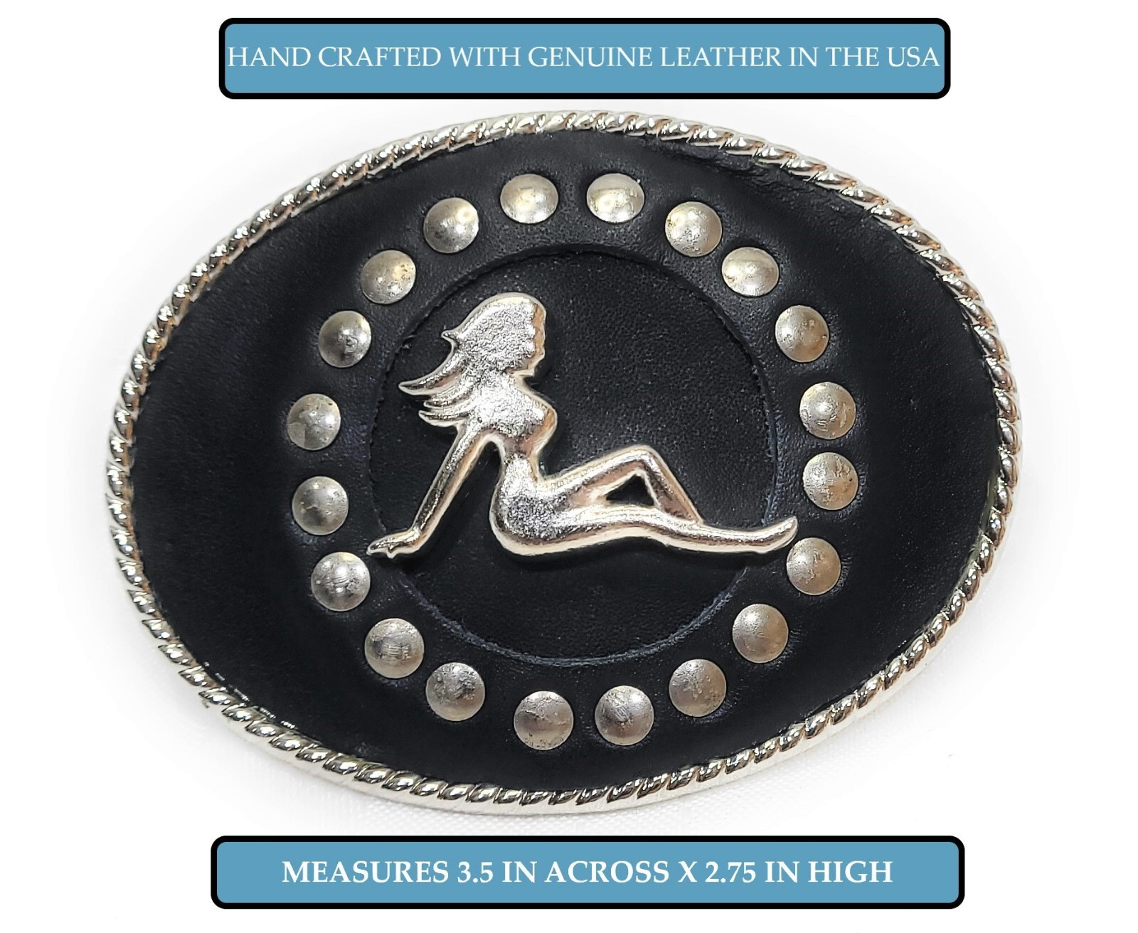 Made in USA Mens LEATHER BELT BUCKLE with MUD FLAP LADY Biker Trucker 1.5&Prime;