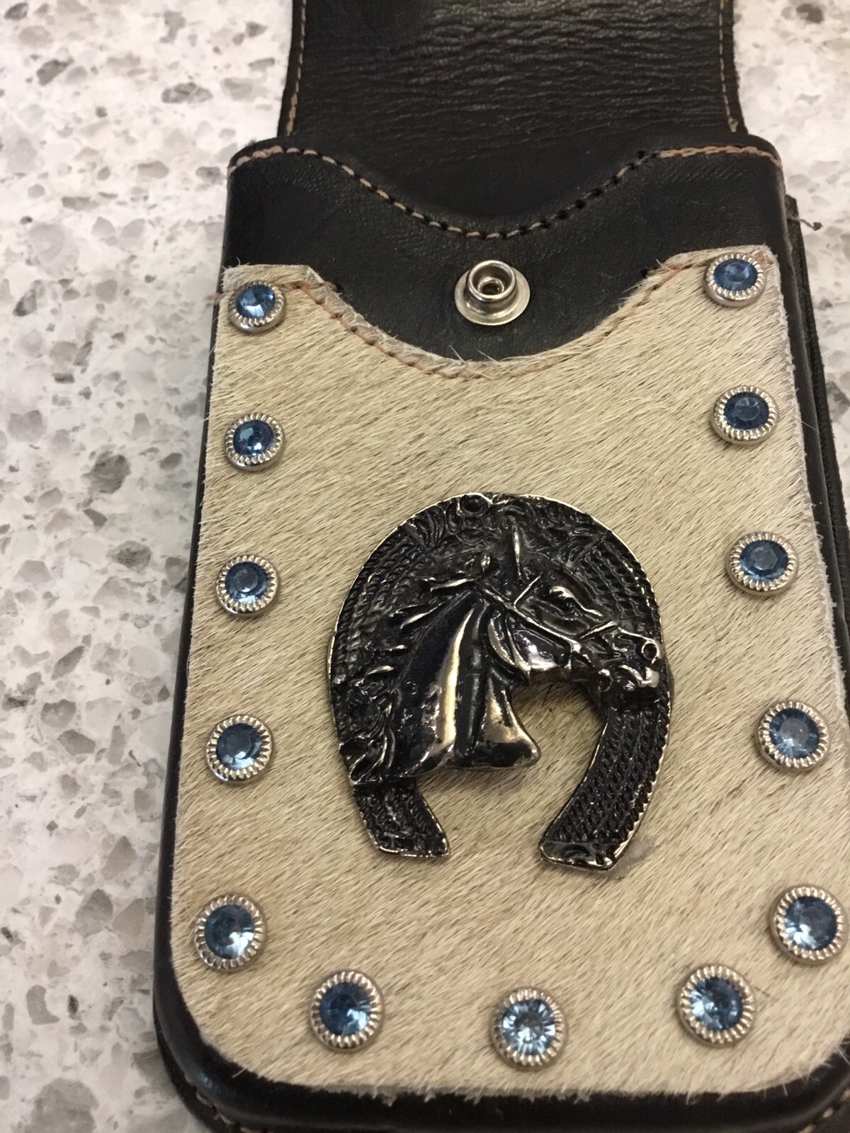 Leather Belt Attachment WESTERN COWHIDE HORSE HORSESHOE BLUE STONES-NICE!!