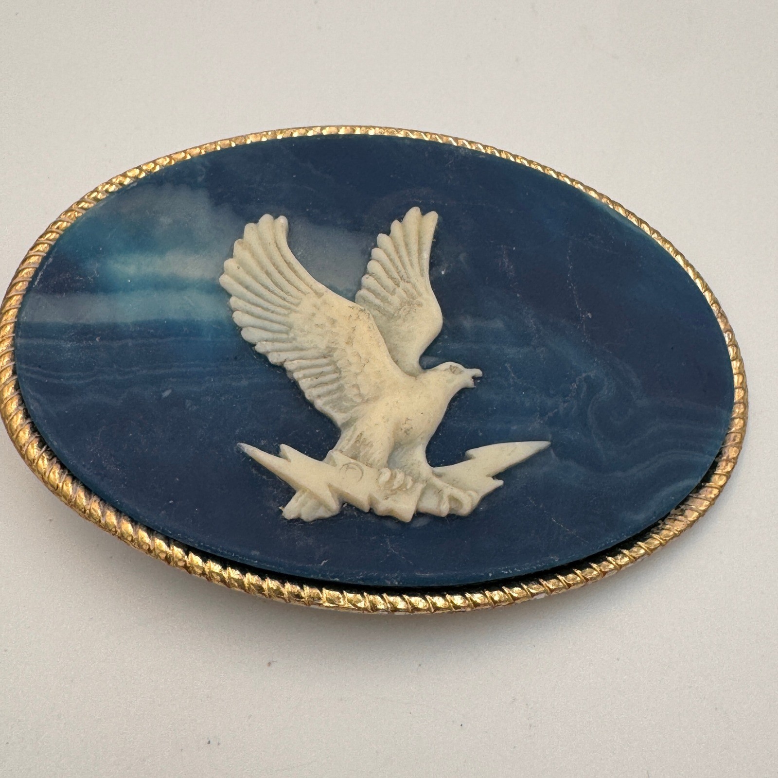 Incolay Stone Eagle Belt Buckle Blue White Marbled Handcrafted USA Vintage Oval