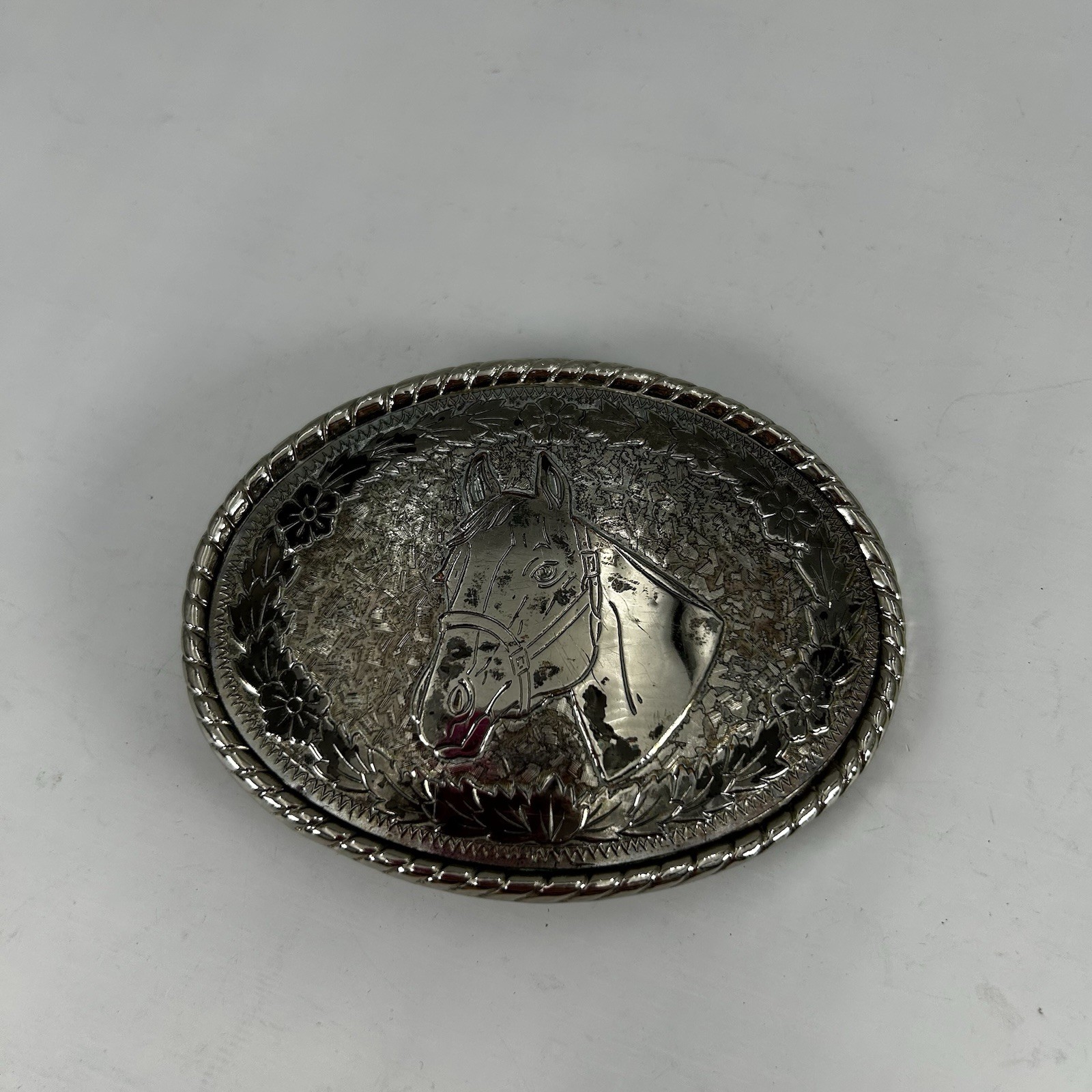 Vintage W Horse Head Belt Buckle Silver Tone Floral Rope Edge Made in USA