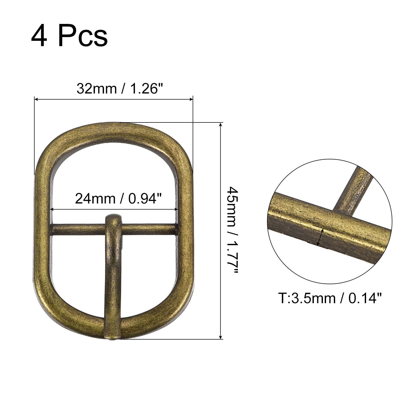4Pcs 0.94&Prime; Single Prong Belt Buckle Oval Center Bar Buckles for Belt Brass