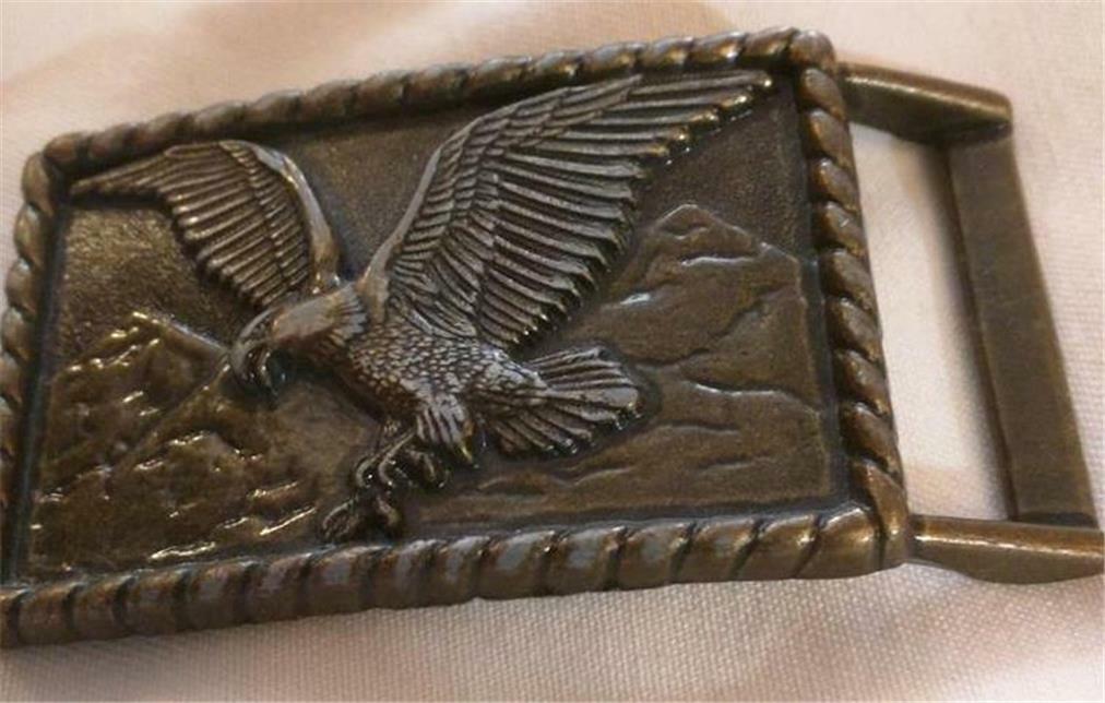 Vintage Bronzy Brass Belt Buckle Eagle & Mountains Marked Japan Original Coating