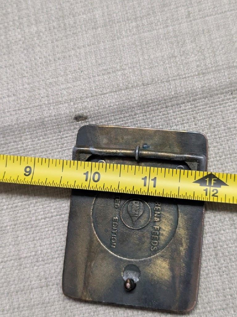 vintage CATTLE COUNTRY belt buckle BRASS cargill COW nutrena WESTERN cowboy