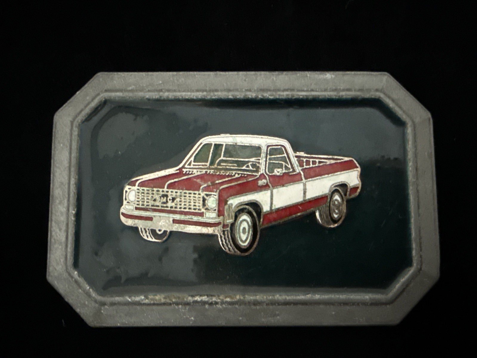 Vintage Enameled Red & White 70&rsquo;s GMC Pick Up Truck Belt Buckle FREE SHIPPING