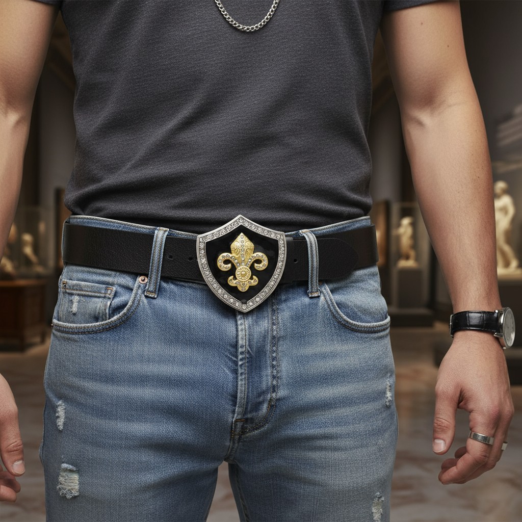 Men Belt Buckle Silver Metal Western Gold Fleur De Lys Lily French Symbol Flower