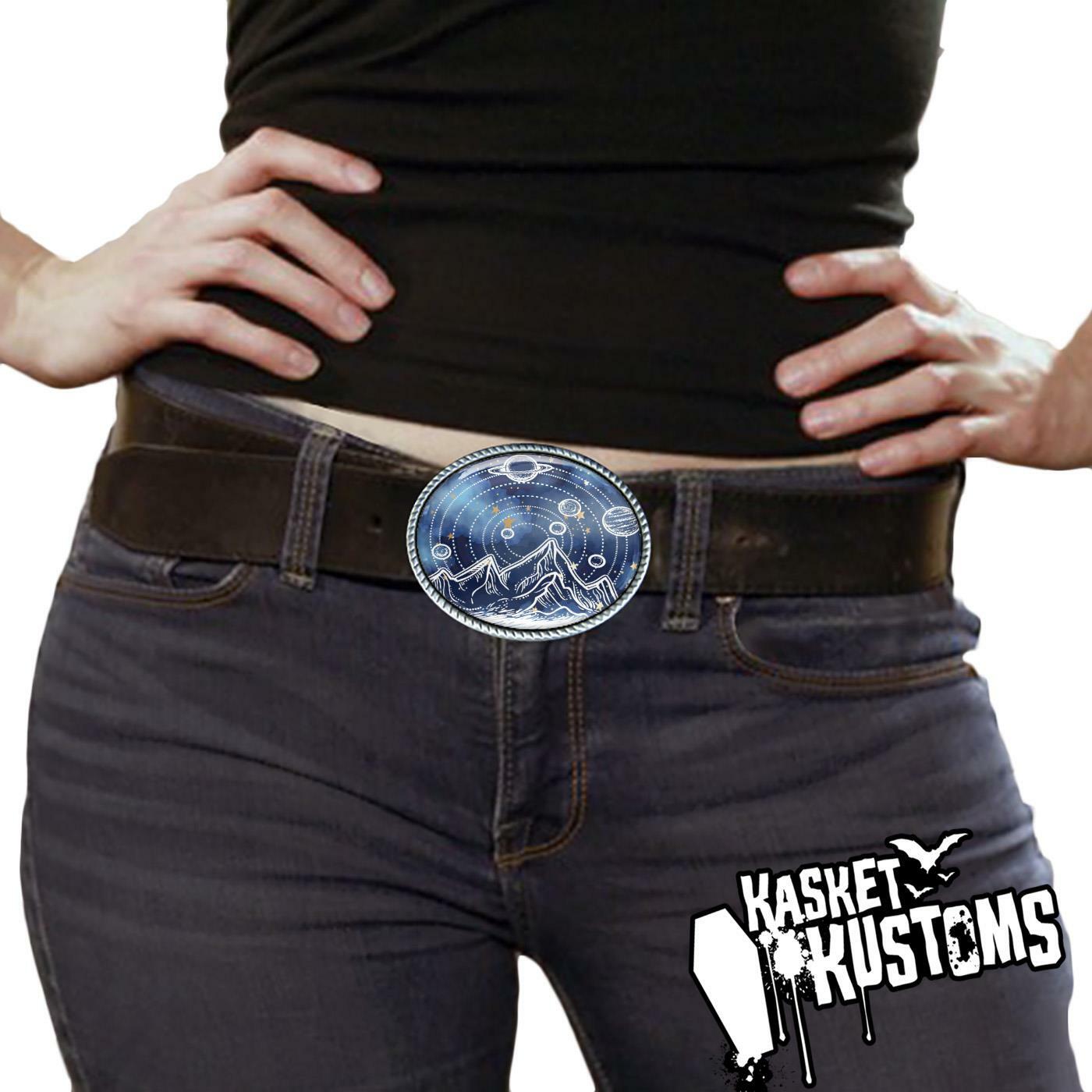 Outer Space Belt Buckle – Planets + Stars Sci-fi Handmade Silver Buckle – 13