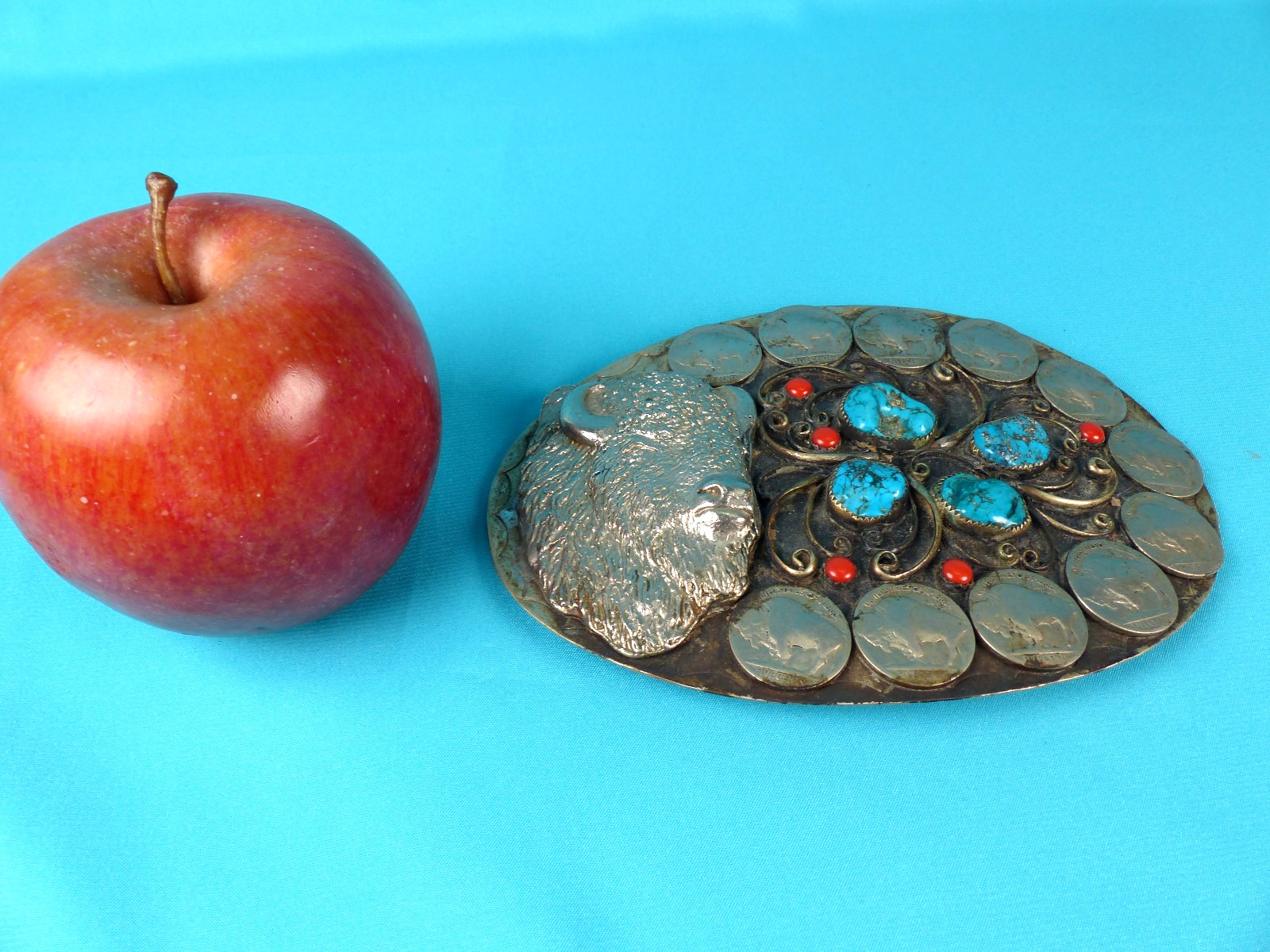 Vtg 1970&rsquo;s NA Style Turquoise Coral Buffalo Nickel Silver Squaw Wrap Belt Buckle