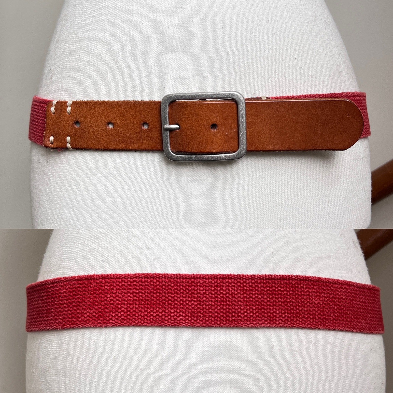 Vintage Red Canvas Brown Leather Belt Silver Buckle Preppy Statement