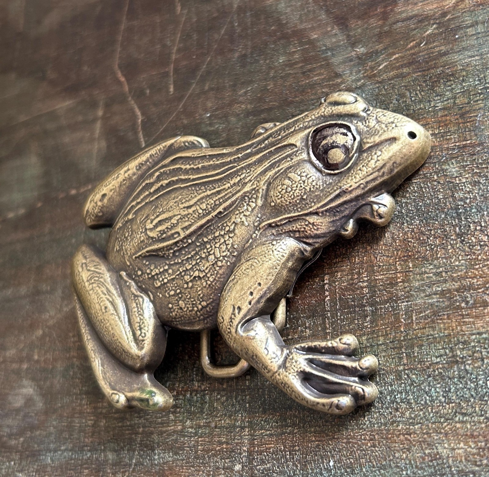 Brass Frog Belt Buckle Large Bullfrog Lily Pad Western Cowboy Design