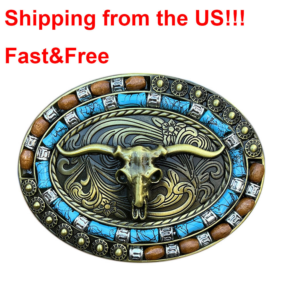 Gold Western Cowboy Belt Buckle Unisex Turquoise Cow Skull Belt Buckle USA