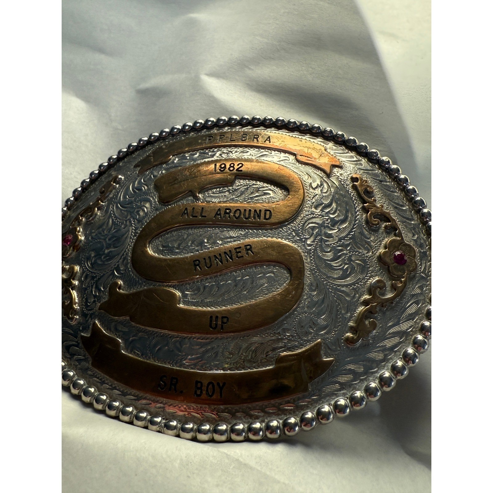 Vintage 1982 PPLBRA All Around Runner Up Sr. Boy Belt Buckle Rodeo Western Ruby