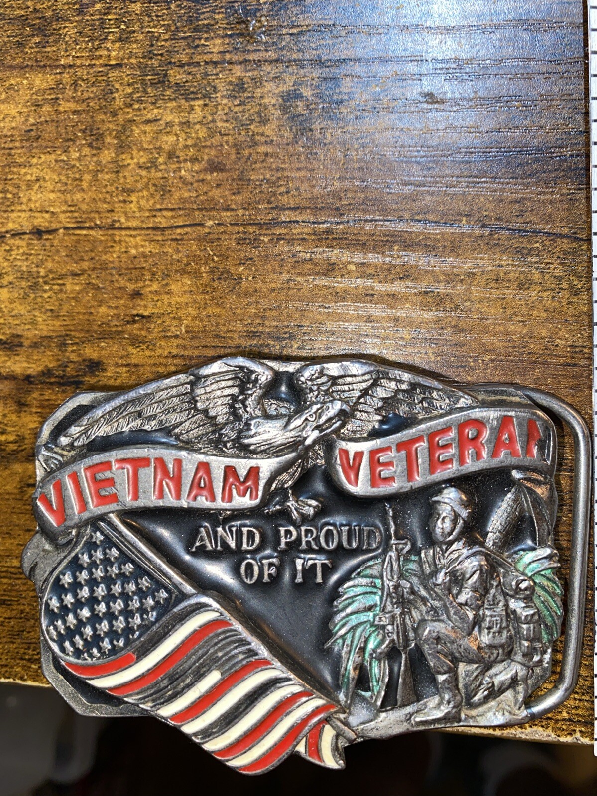 VTG Vietnam Veteran And Proud Of It Belt Buckle Enamel Great American Buckle Co