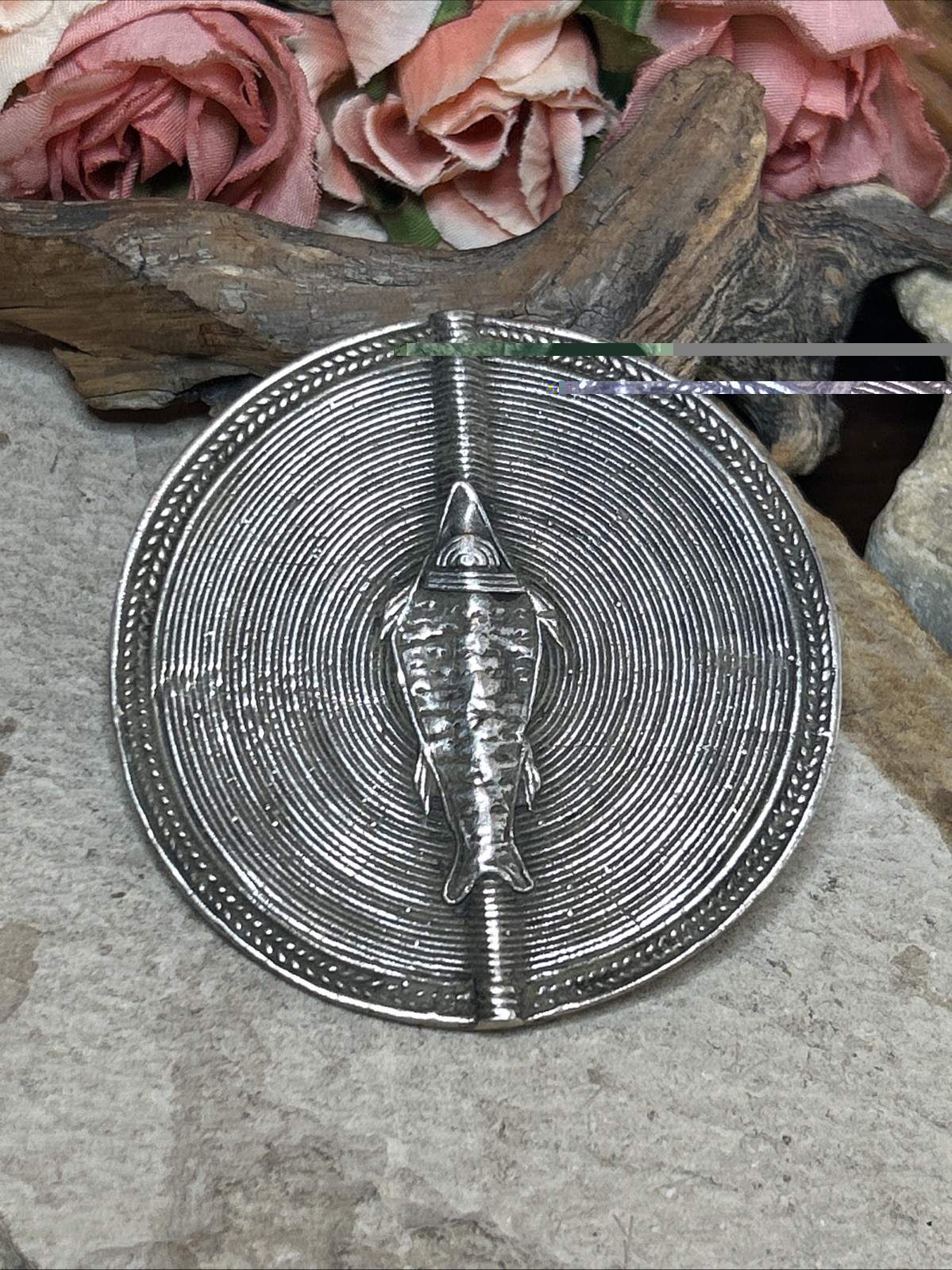 58. SILVER guy Signed West African Baule Sun Amulet FISH belt Buckle 65mm, 74.1g
