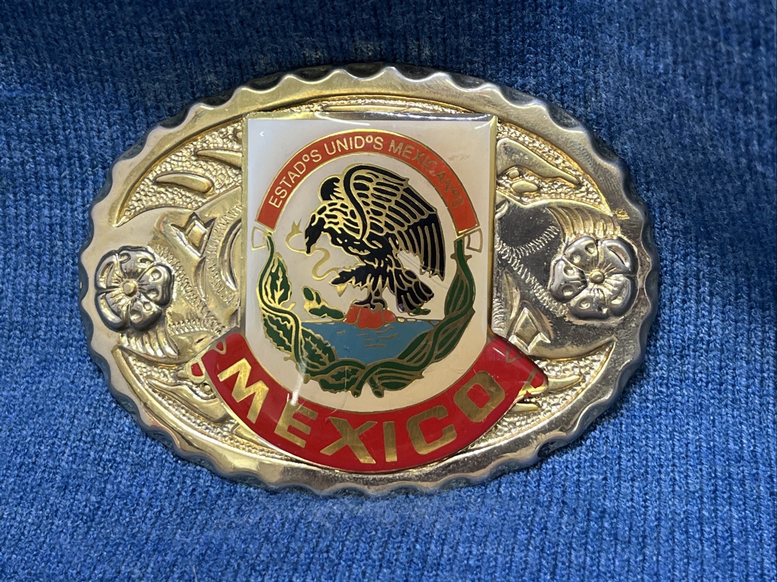 Vtg Mexico Belt Buckle Western Mexican Coat of Arms Eagle Snake Enamel Gold Tone