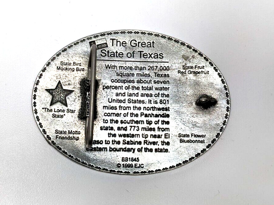 « THE GREAT STATE OF TEXAS » Belt Buckle, 1999, 4&Prime; x 3&Prime;, Metal, EJC, Never Worn