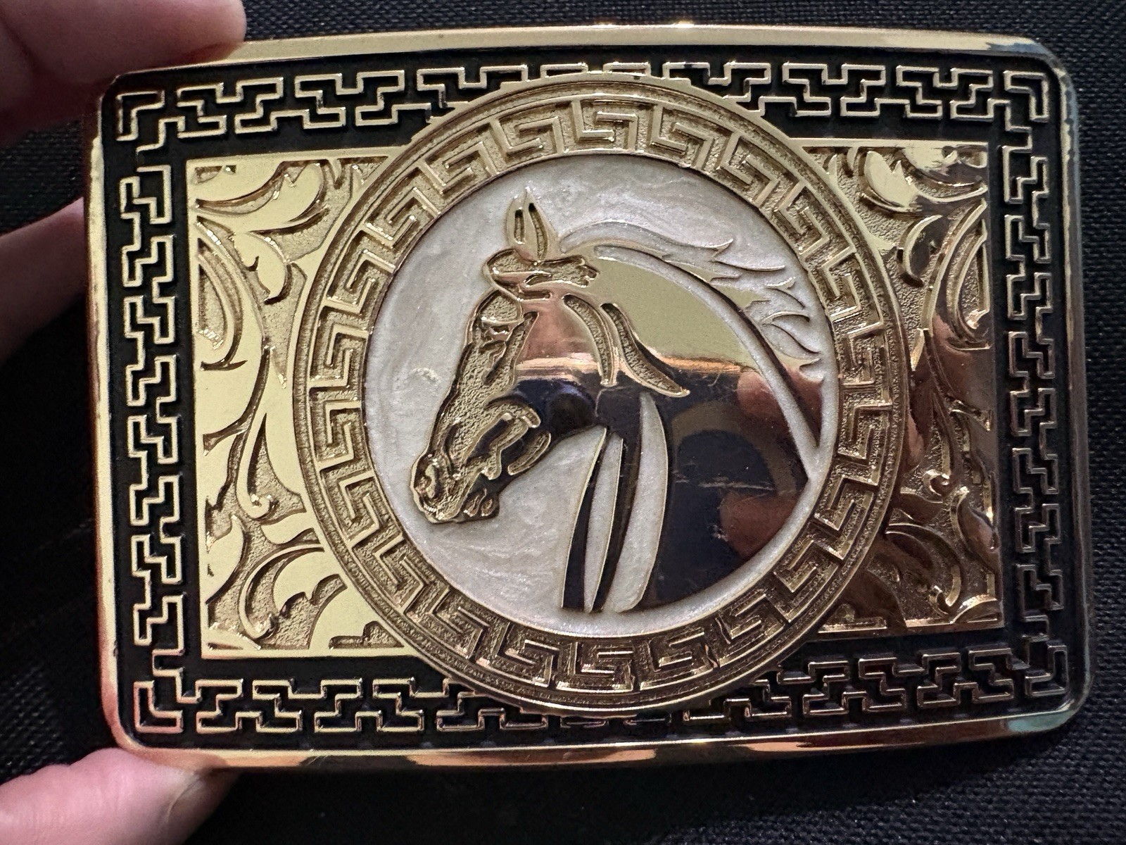 Western Horse Head Greek Key Engraved Belt Buckle Gold/Silver Metal 1.5in