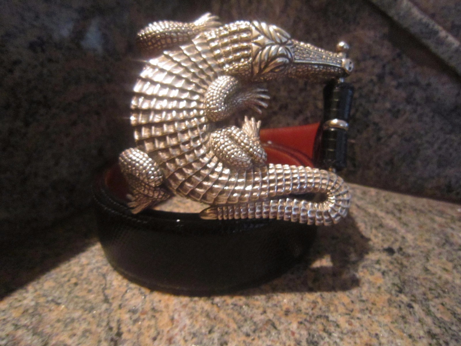 Huge Kieselstein-Cord Sterling Alligator Buckle and Black Lizard Belt Size 2