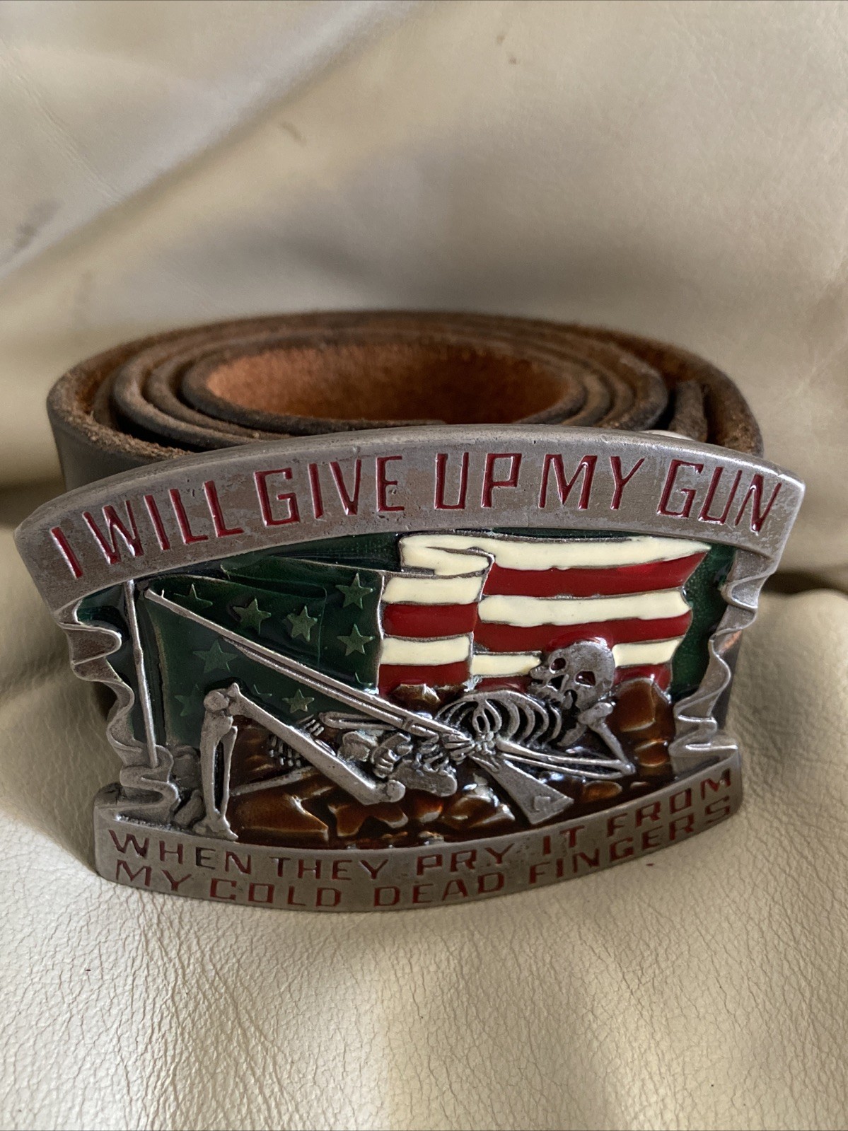 Vintage I WILL GIVE UP MY GUN WHEN THEY PRY IT FROM MY.. Leather BELT And BUCKLE