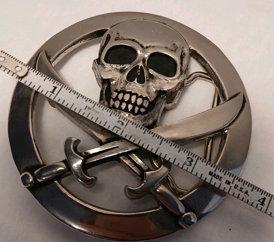 Vintage Silver Star Skull and Swords Belt Buckle Made in USA Jolly Roger Metal