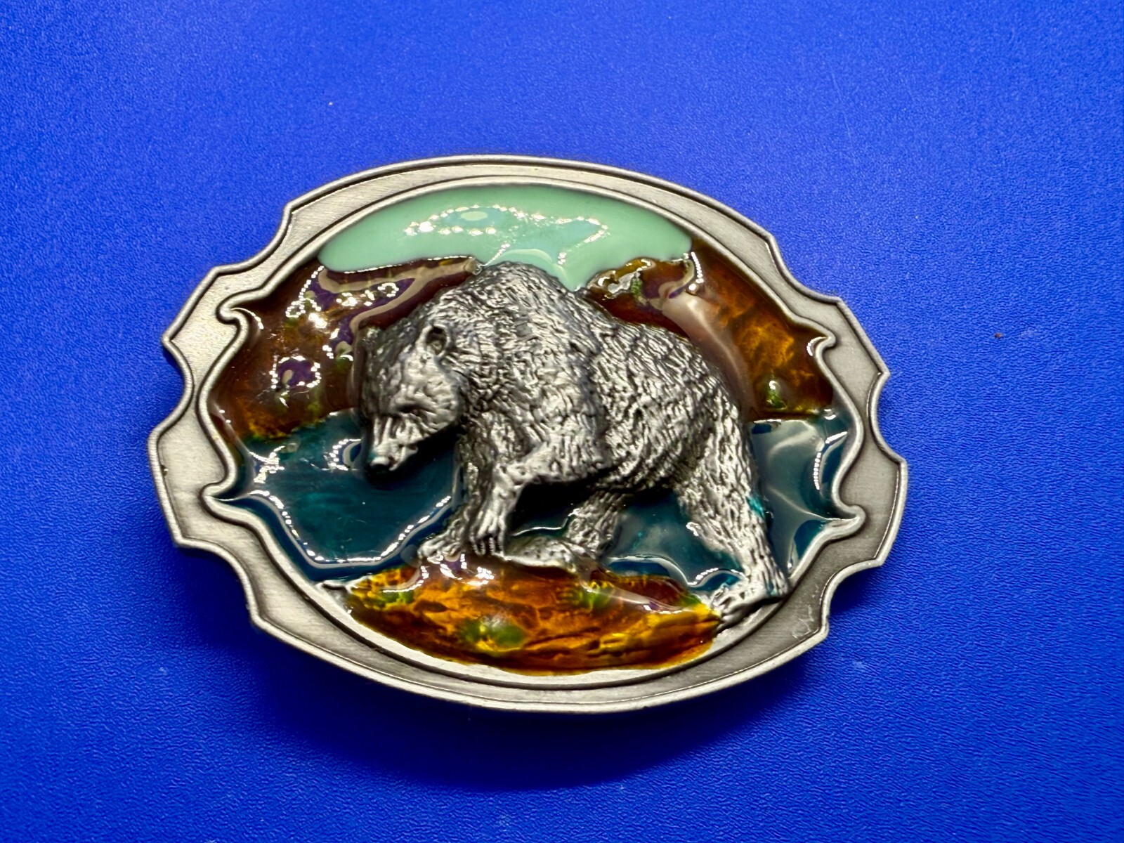 Southwestern Style Fishing Grizzly Bear Colorful Painted Belt Buckle