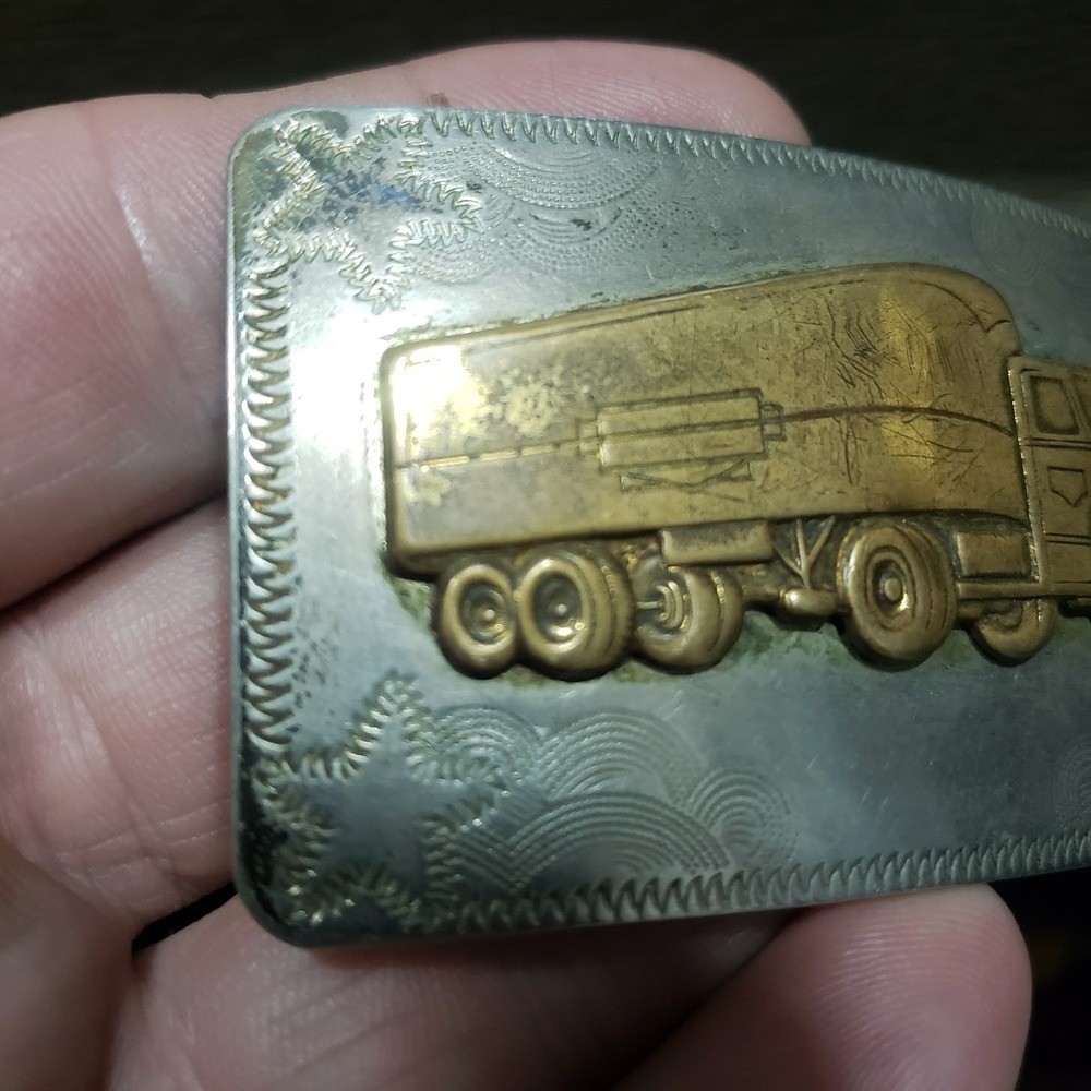 Vintage German Silver Semi Truck Belt Buckle Engraved Brass Tone Big Rig Men