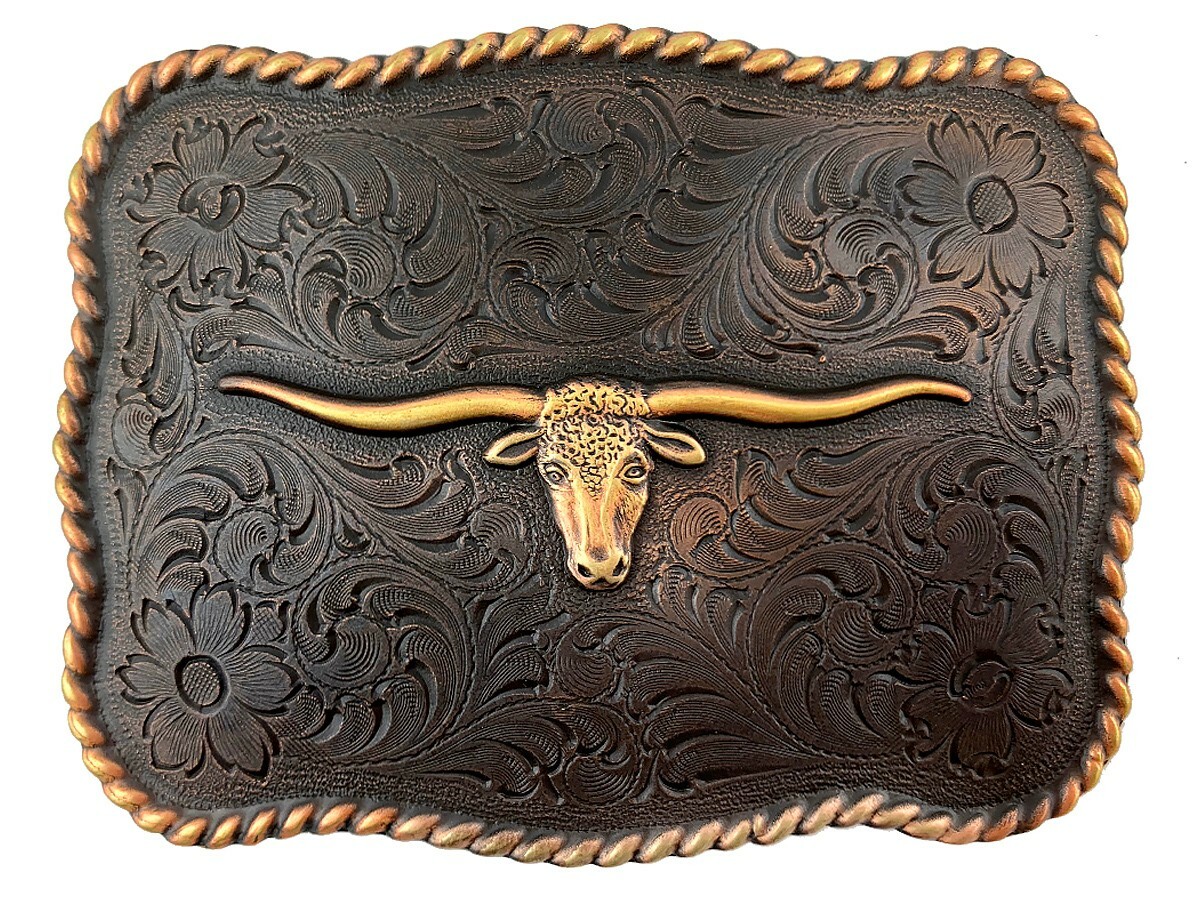 Western Cowboy Copper Longhorn Steer Flora Engraved Belt Buckle fits 1-1/2&Prime; belt