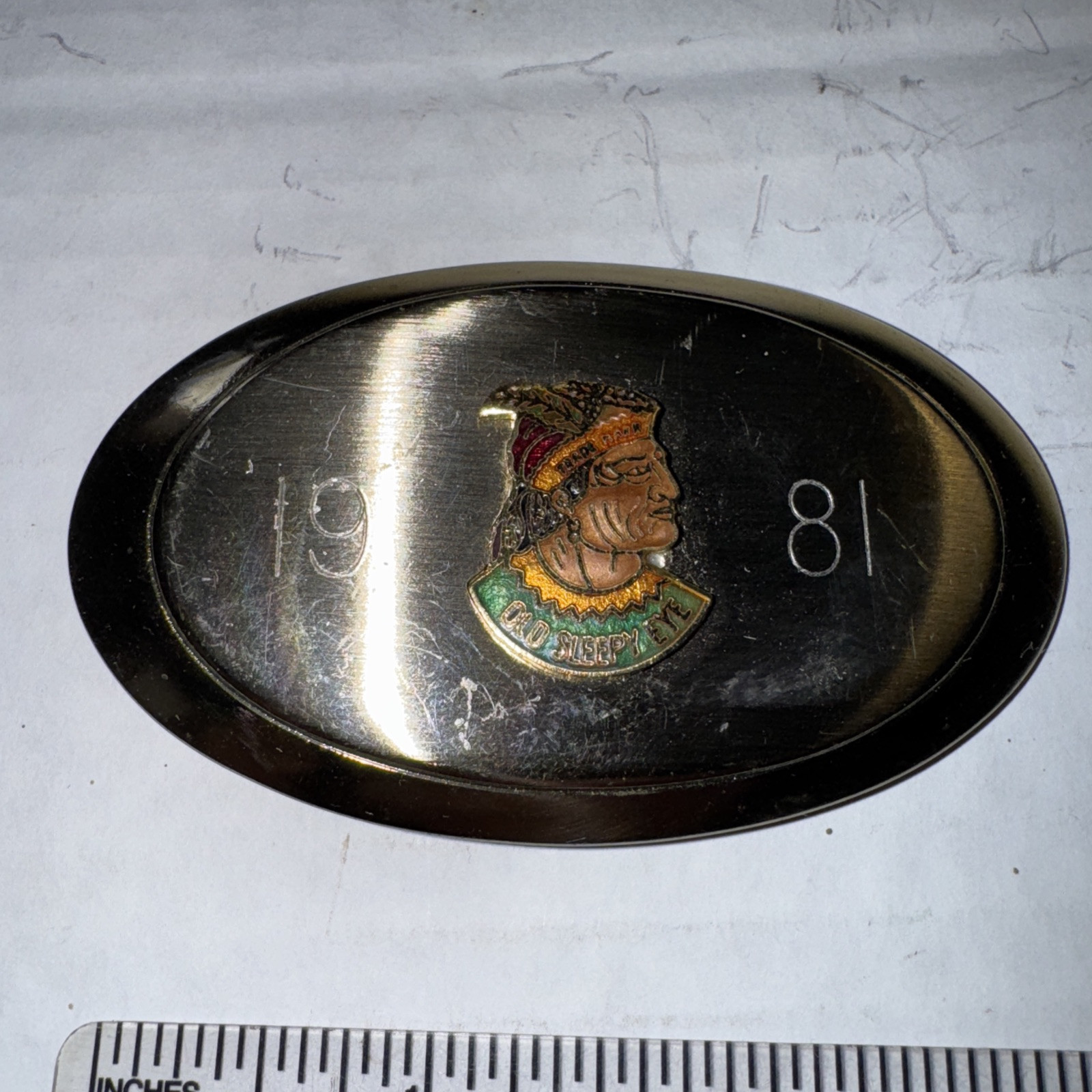 1981 Old Sleepy Eye Stoneware Vintage Rare Old Belt Buckle Fast Free-shipping