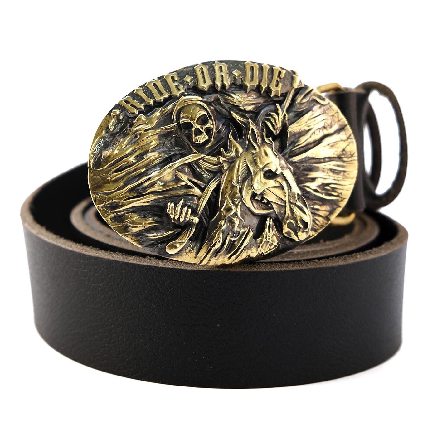 Biker RIDE OR DIE belt buckle with skull and dead horse, Solid brass belt buckle