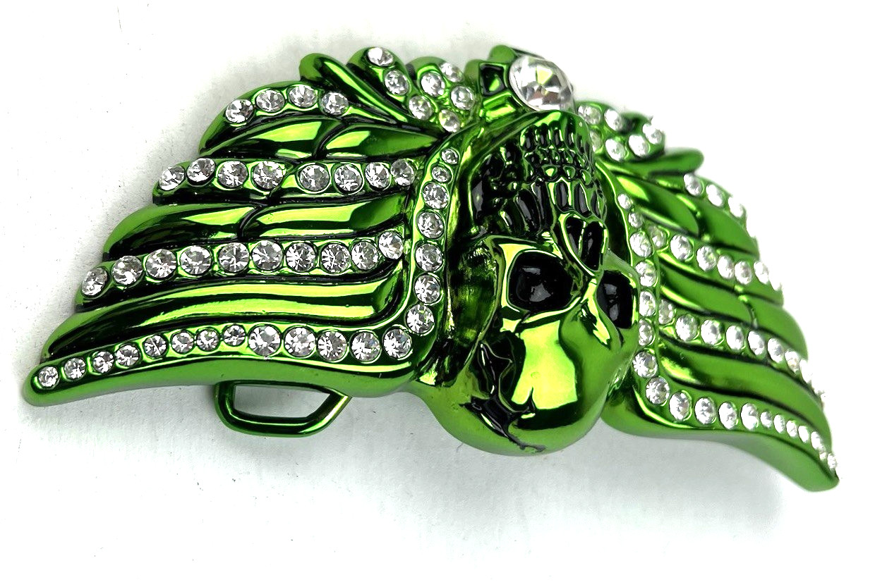 Washed Up Hollywood 1½” Pewter Plate Crystal Skull Head Belt Buckle Green Goth