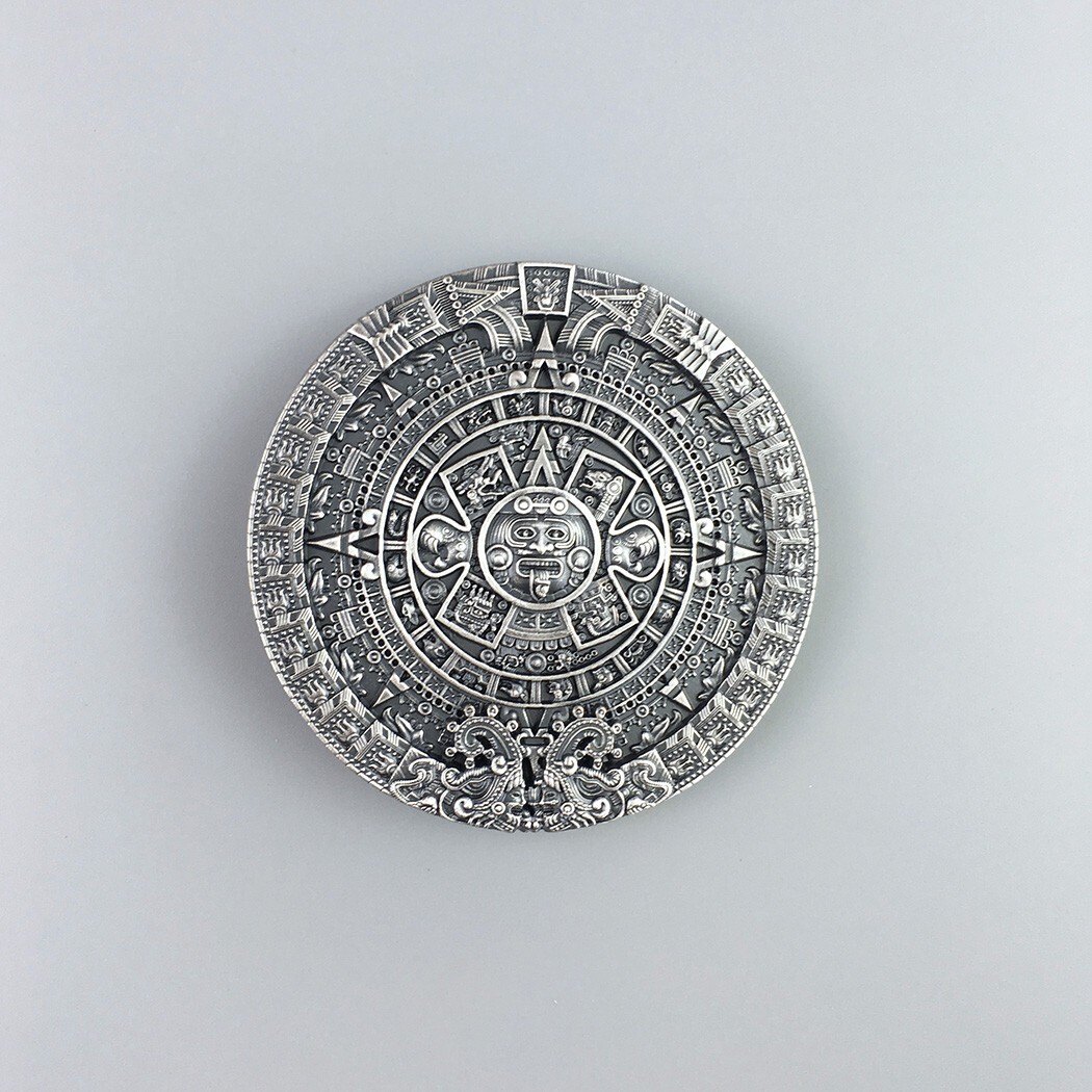 Vintage Silver Plated Aztec Calendar Belt Buckle Boucle de ceinture