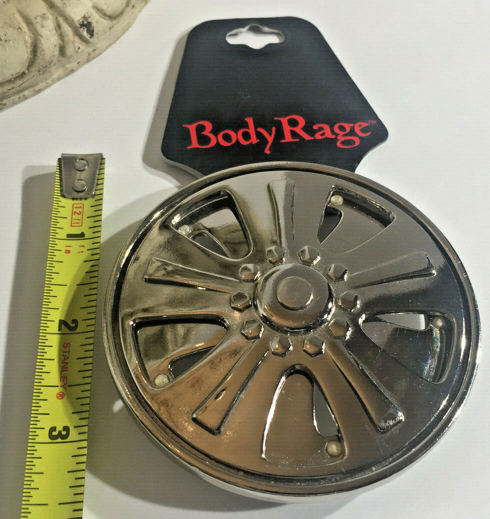 Body Rage Spinning Tire Rim Wheel Spinner Cut-Out Alloy Belt Buckle Chrome New