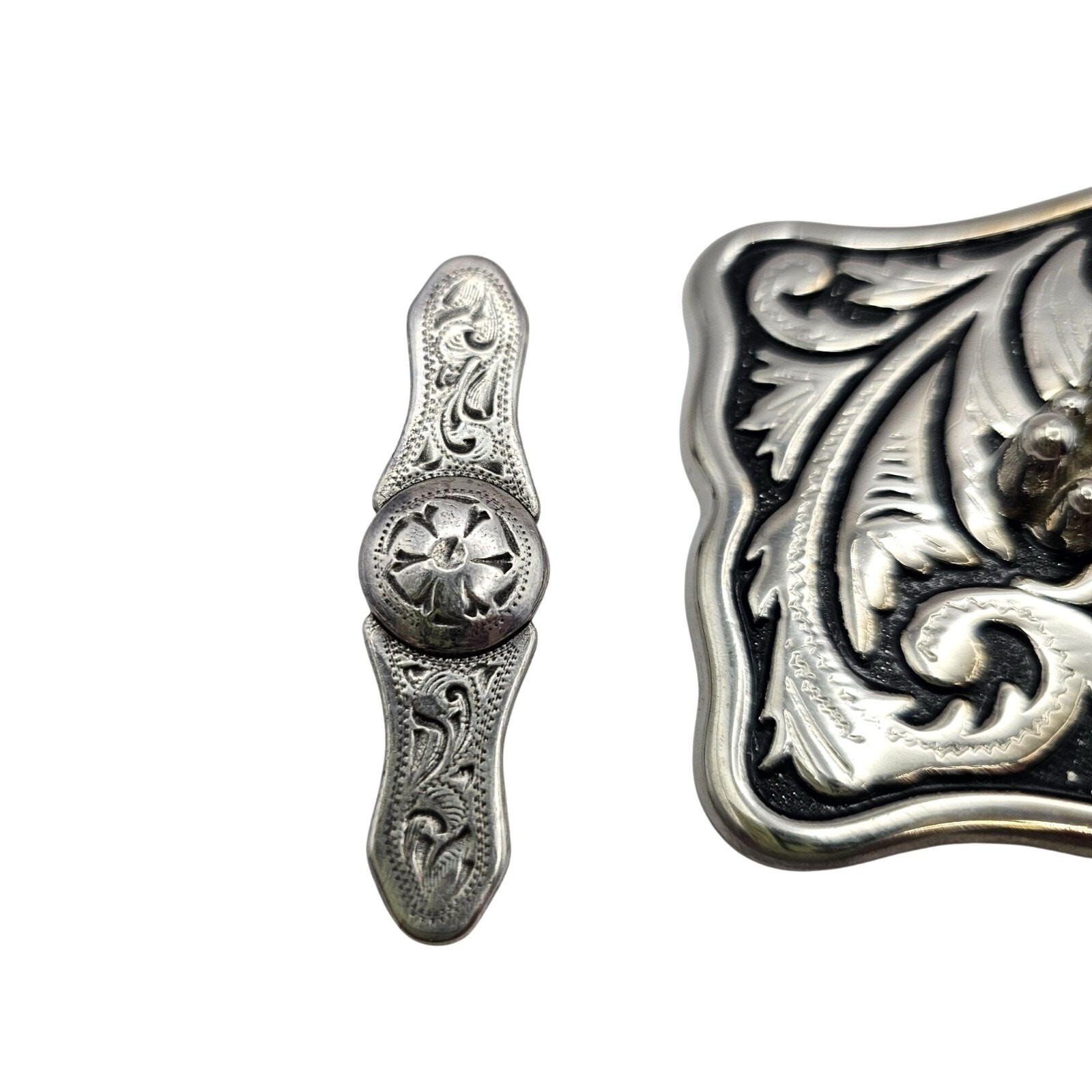 Western Belt Buckle Dendritic Agate Cabochon Silver Engraved Accents Side Pieces