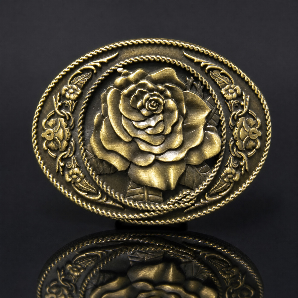 Western Rose Flower Oval Bronze Plated Belt Buckle Cowgirl Country Floral Mens