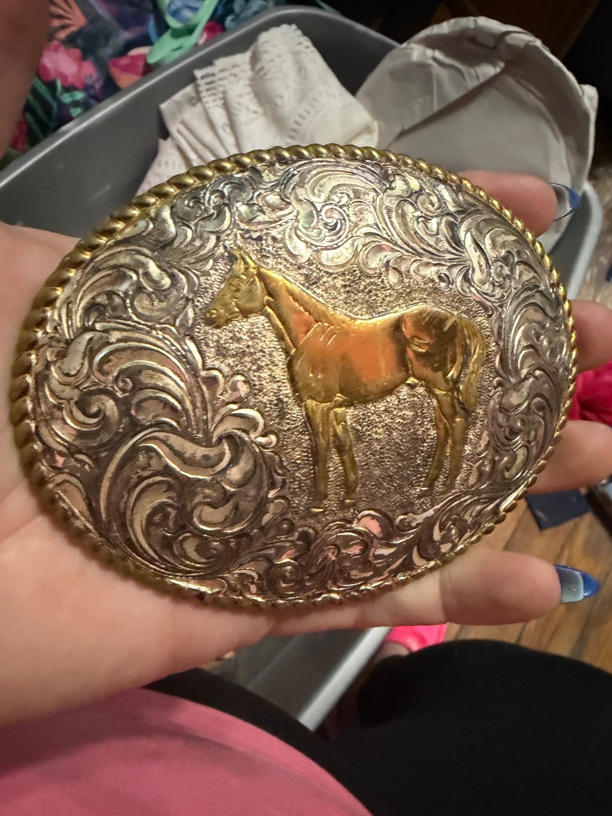 Crumrine® silver plated Oval Rope Edge Standing Horse Belt Buckle C01578