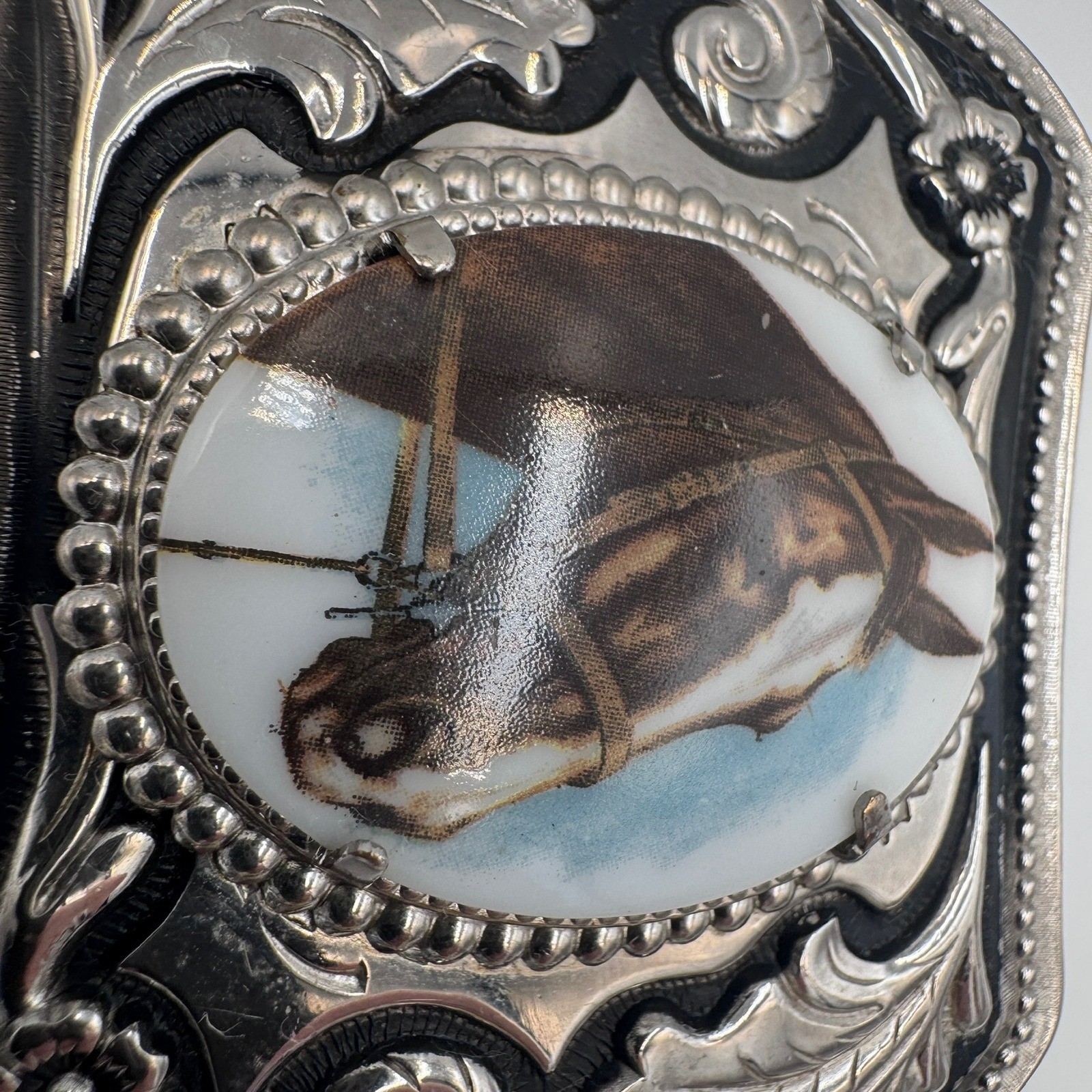 Vintage Western Horse Portrait Belt Buckle Silver Tone Floral Scrollwork Cowboy