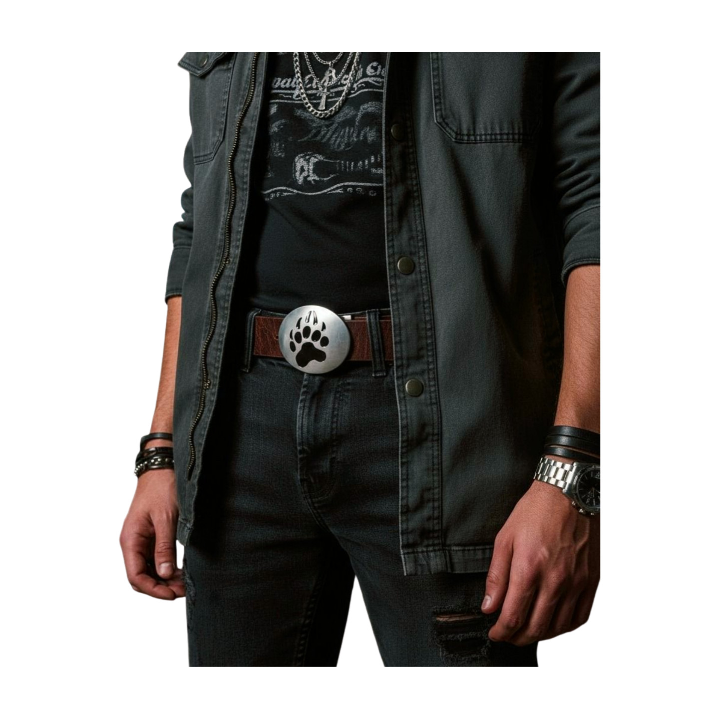 Men Women Dark Silver Metal Buckle Native American Indian Face Western Fashion