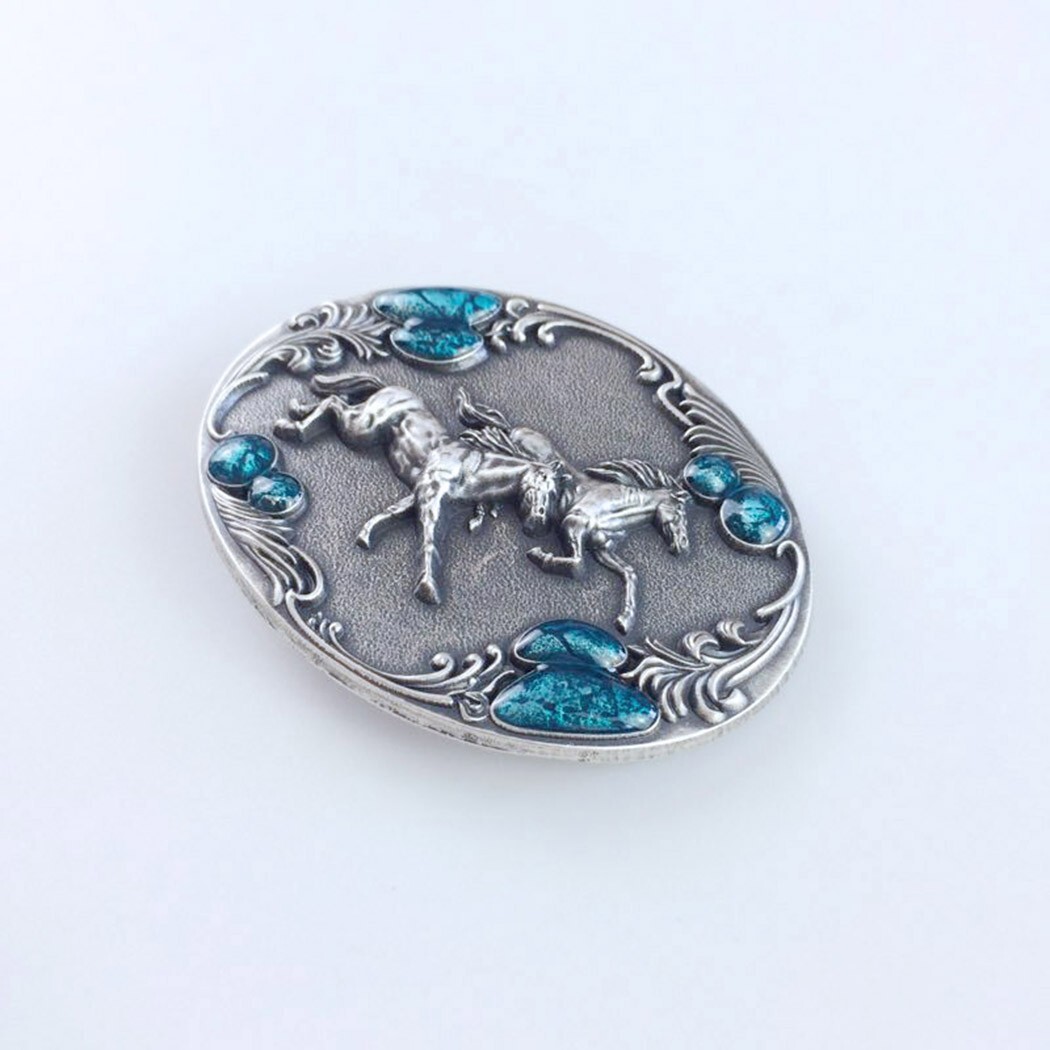 Vintage Silver Plated Western Horses Enamel Oval Belt Buckle Boucle de Ceinture