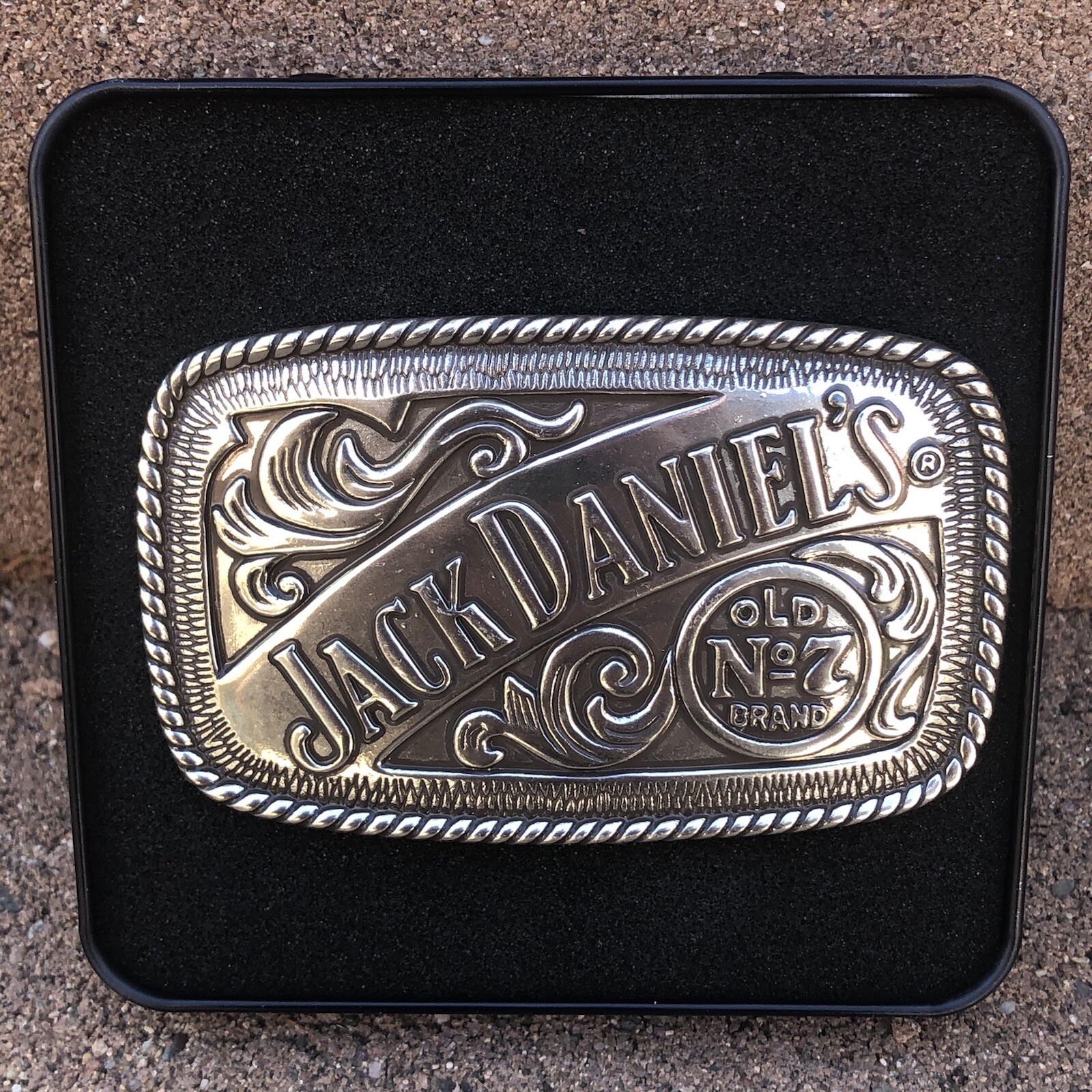 Jack Daniels Old No. 7 Silver Pewter Tone Rectangle Belt Buckle with Case