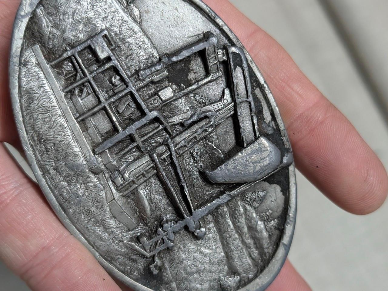 vintage OIL FIELD belt buckle WESTERN cowboy BERGAMOT brass pewter TEXAS